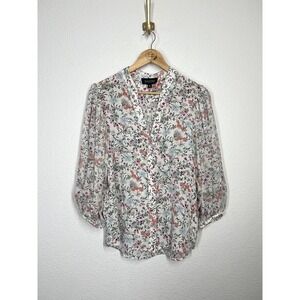 Saloni Silk Chiffon Floral Blouse Size 2 Sheer Puff Sleeve Top
